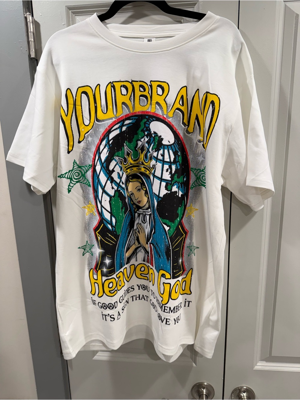400 Gram 100% Cot    YOURBRAND Heaven God Graphic Tee - White with Yellow & Blue
